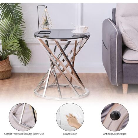 AINPECCA Round Sofa Side Table End Table Stainless Steel with Dark Grey Tempered Glass Design Living Room (silver)