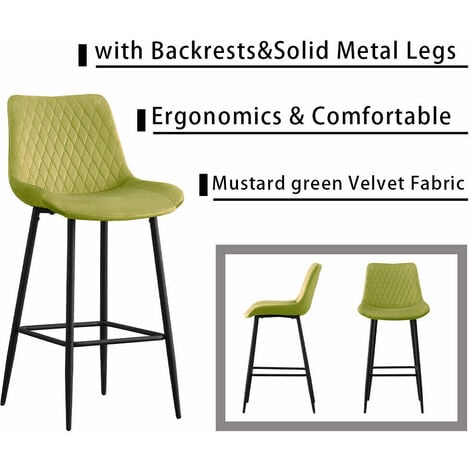 2X Mustard Velvet bar stools with back Kitchen Dining Chairs Breakfast Stools Furniture UK