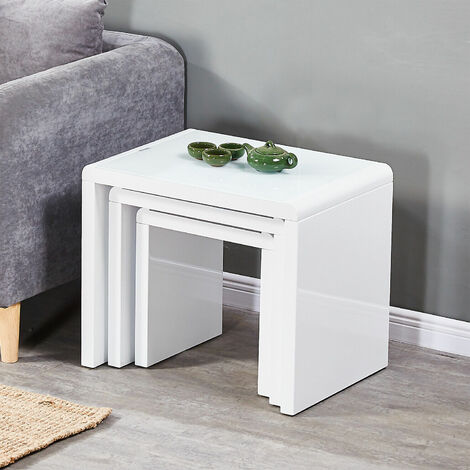 Coffee Side Tables Set of 3,High Gloss Coffee Table,Nesting Tables,MDF and Glass,White