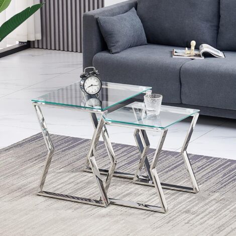 Eclipse Glass Nest of Tables Set 2 Clear Transparent Set Side Lamp End Table Home