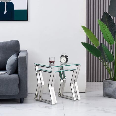 Eclipse Glass Nest of Tables Set 2 Clear Transparent Set Side Lamp End Table Home