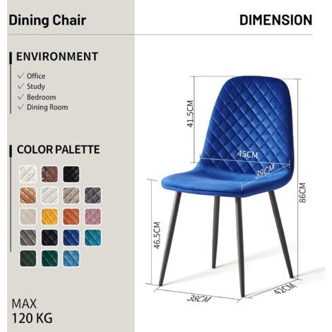 AINPECCA 2X blue Dining Chairs Velvet Padded Seat Metal Legs Kitchen Home Office UK