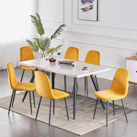 AINPECCA Dining Table White Marbled Effect Dining Room Table MDF top Kitchen Dinner Desk with Metal legs Breakfast Dinner Table Home Office Furniture (4-6 Pers 150cm Length)