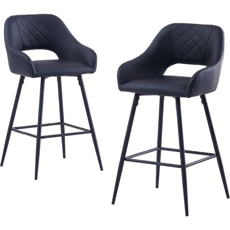 AINPECCA Bar Stools Set of 2 PU Leather Black Breakfast Dining Bar Stools Fixed Height Bar Chairs with Metal Frame and Footrest for Breakfast Bar, Counter, Kitchen and Home
