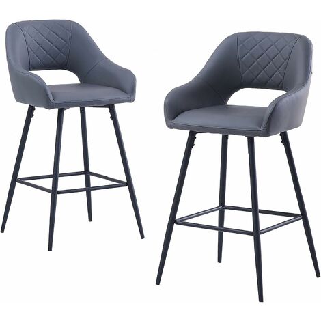 AINPECCA Bar Stools Set of 2 PU Leather Grey Breakfast Dining Bar Stools Fixed Height Bar Chairs with Metal Frame and Footrest for Breakfast Bar, Counter, Kitchen and Home