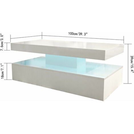 High Gloss Coffee Table White Rectangle Tea Table with LED Light Living Room