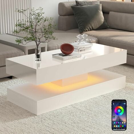 High Gloss Coffee Table White Rectangle Tea Table with LED Light Living Room