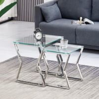 AINPECCA Eclipse Glass Nest of Tables Set 2 Clear Transparent Set Side Lamp End Table Home