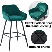 AINPECCA 1X Velvet Barstools Fabric Upholstered seat with Backrest Armrest Black Metal Legs Kitchen Breakfast Counter Chairs Green
