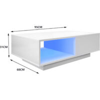 AINPECCA White High Gloss Coffee Table Black Wooden Drawer Storage Living Room LED Light