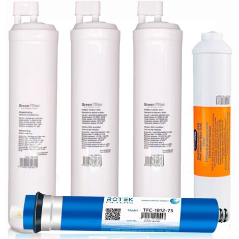 Set mit 4 Ersatzfiltern für Umkehrosmose, Marke Green Filter, Typ CS, mit Nachfilter mit M 1/4"-Gewinde mit membran