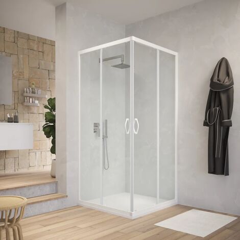 Box Doccia Scorrevole 70x90 cm Profili in Alluminio Bianco Vetro 4mm Trasparente h185 - Reversibile Mod. Grenada