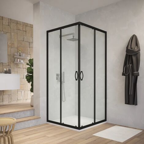 Box Doccia Scorrevole 70x90 cm Profili in Alluminio Nero Vetro 4 mm Trasparente h185 - Reversibile Mod. Willis