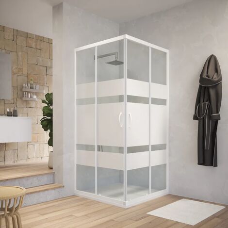 Box Doccia Scorrevole 70x90 cm Profili in Alluminio Bianco Vetro 4mm Serigrafato h185 - Reversibile Mod. Grenada