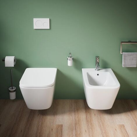 Coppia di Sanitari Sospesi in Ceramica Bianco Opaco Vaso Rimless con Sedile Soft-close e Bidet Mod. Kyoto
