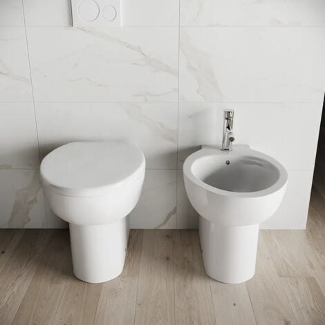 Coppia di Sanitari Filomuro in Ceramica Bianco Lucido: Vaso Bidet e Copriwc Soft-close Mod. Doha