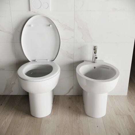 Coppia di Sanitari Filomuro in Ceramica Bianco Lucido: Vaso Bidet e Copriwc Soft-close Mod. Doha