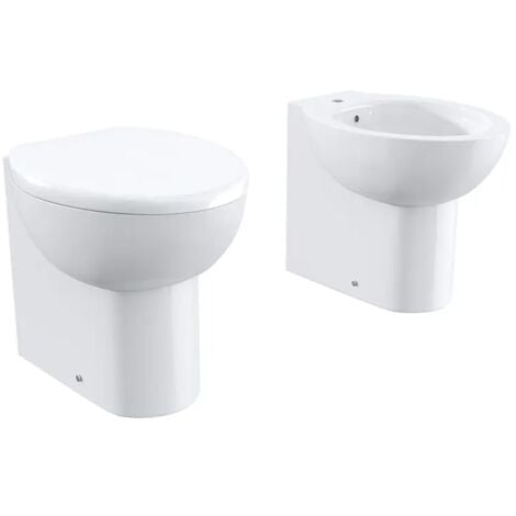 Coppia di Sanitari Filomuro in Ceramica Bianco Lucido: Vaso Bidet e Copriwc Soft-close Mod. Doha