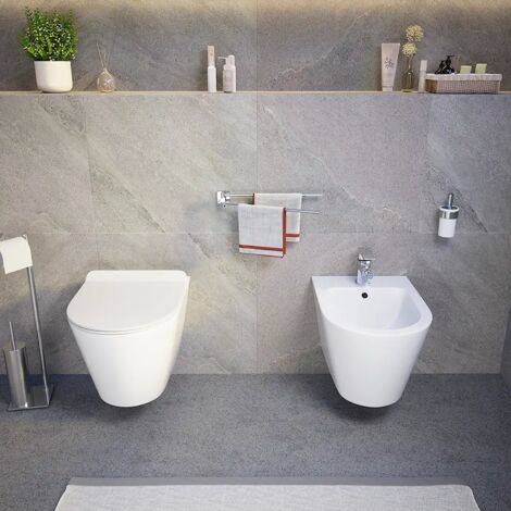 Coppia di Sanitari Sospesi in Ceramica Bianco Lucido Vaso Rimless Sedile Soft-close e Bidet Mod. Barcellona
