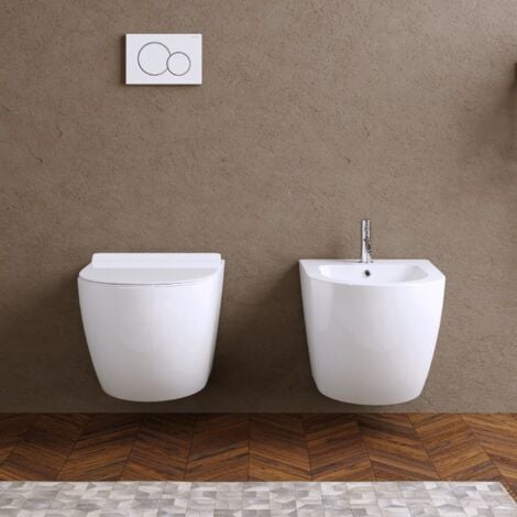 Coppia di Sanitari Sospesi in Ceramica Bianco Lucido Rimless Vaso, Sedile con Chiusura Rallentata e Bidet Mod. Parigi