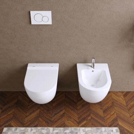 Coppia di Sanitari Sospesi in Ceramica Bianco Lucido Rimless Vaso, Sedile con Chiusura Rallentata e Bidet Mod. Parigi