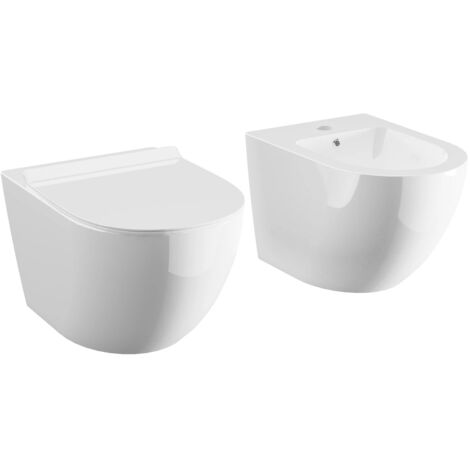 Coppia di Sanitari Sospesi in Ceramica Bianco Lucido Rimless Vaso, Sedile con Chiusura Rallentata e Bidet Mod. Parigi