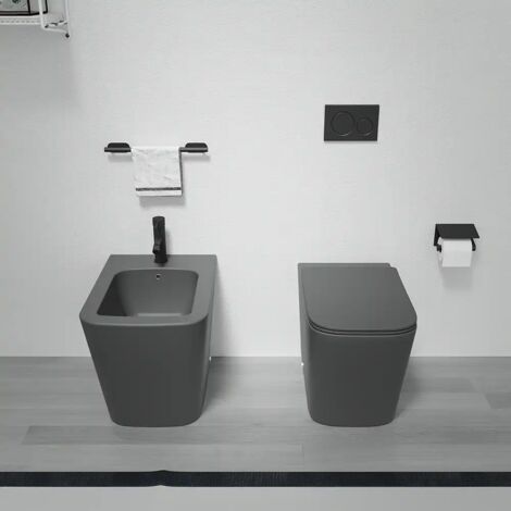 Coppia di Sanitari Filomuro in Ceramica Rimless Grigio opaco Vaso Bidet e Copriwc Soft-close Mod. Londra