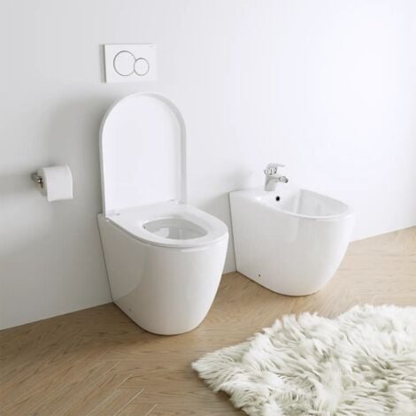 Coppia di Sanitari Filomuro in Ceramica Vaso + Bidet + Sedile Soft-close  Mod. Roma