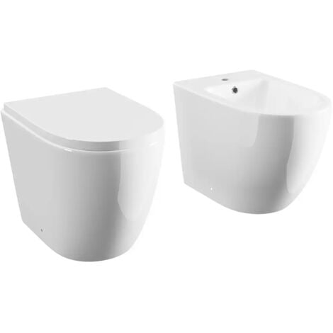 Coppia di Sanitari Filomuro in Ceramica Vaso + Bidet + Sedile Soft-close  Mod. Roma