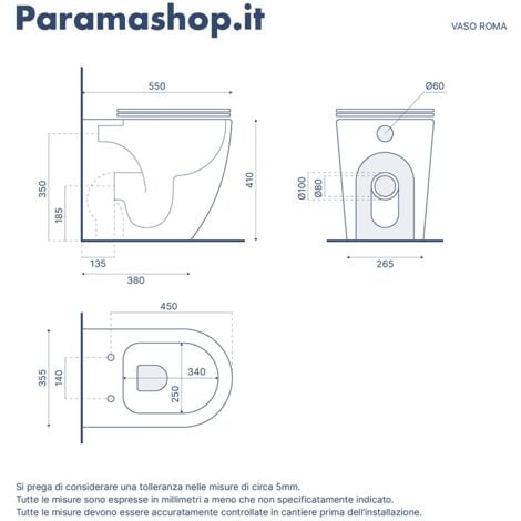 Coppia di Sanitari Filomuro in Ceramica Vaso + Bidet + Sedile Soft-close  Mod. Roma