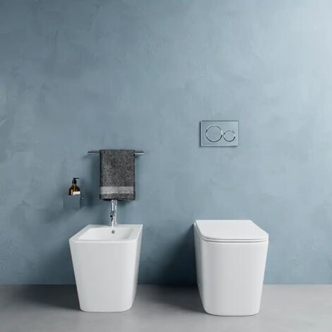 Coppia di Sanitari Filomuro in Ceramica Rimless Bianco Lucido Vaso Bidet e Copriwc Soft-close Mod. Londra