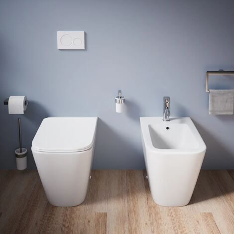 Coppia di Sanitari Filomuro in Ceramica Bianco Opaco Vaso Rimless con Sedile Soft-close e Bidet Mod. Kyoto