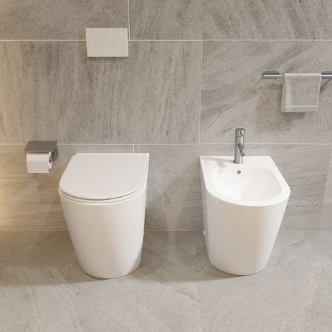 Coppia di Sanitari Filomuro Comfort in Ceramica Bianco Lucido Vaso Rimless h44,5 cm con Copriwc Soft-close e Bidet Mod. Europa