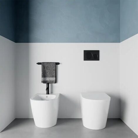 Coppia di Sanitari Filomuro in Ceramica Rimless Bianco Lucido con Vaso, Bidet e Copriwc Soft-close Mod. Vienna