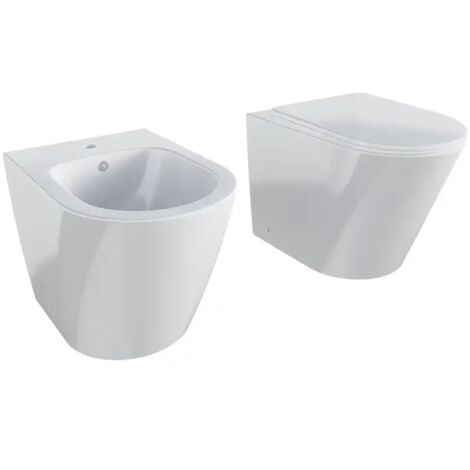 Coppia di Sanitari Filomuro in Ceramica Rimless Bianco Lucido con Vaso, Bidet e Copriwc Soft-close Mod. Vienna