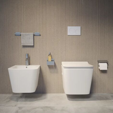 Coppia di Sanitari Sospesi in Ceramica Bianco Lucido Vaso Rimless con Copriwc Soft-close e Bidet Mod. Londra