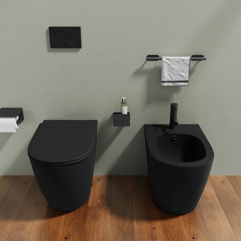 Coppia di Sanitari Filomuro in Ceramica Nero Opaco Vaso Rimless con Copriwc Soft-close e Bidet Mod. Europa