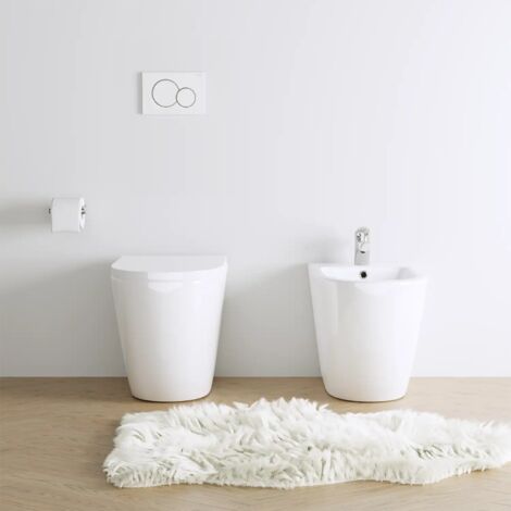Coppia di Sanitari Filomuro in Ceramica senza Brida Vaso Traslato + Bidet + Sedile Soft-close  Mod. Roma