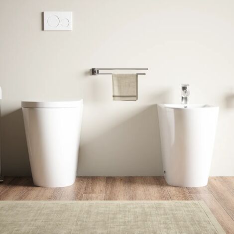 Coppia di Sanitari Filomuro in Ceramica Filomuro Vaso Rimless h 50 cm Sedile Soft-close e Bidet Mod. Roma Comfort