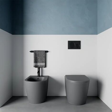 Coppia di Sanitari Filomuro in Ceramica Rimless Grigio Opaco con Vaso, Bidet e Copriwc Soft-close Mod. Vienna