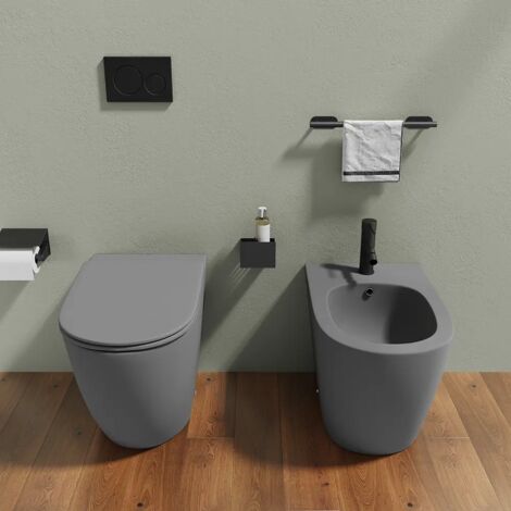 Coppia di Sanitari Filomuro in Ceramica Grigio Opaco Vaso Rimless con Copriwc Soft-close e Bidet Mod. Europa