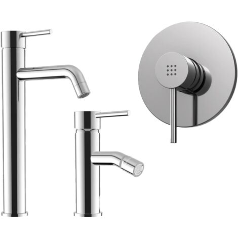 Set Miscelatori con Lavabo Alto e Bidet senza Scarico ed Incasso Doccia in Ottone Cromato Mod. Ava (1/4)