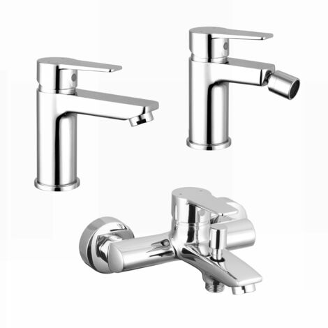 Set Rubinetti Miscelatori Lavabo E Bidet Cromati, Scarico Click Clack Incluso, Serie Kubo (Set Lavabo E Bidet