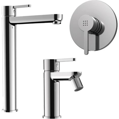 Set Miscelatori con Lavabo Alto e Bidet senza Scarico ed Incasso Doccia in Ottone Cromato Mod. Virna (1/4)