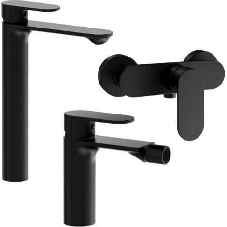 Set Miscelatori con Lavabo Alto Bidet senza Scarico ed Esterno doccia in Ottone Nero Opaco Mod. Kerry (1/4)