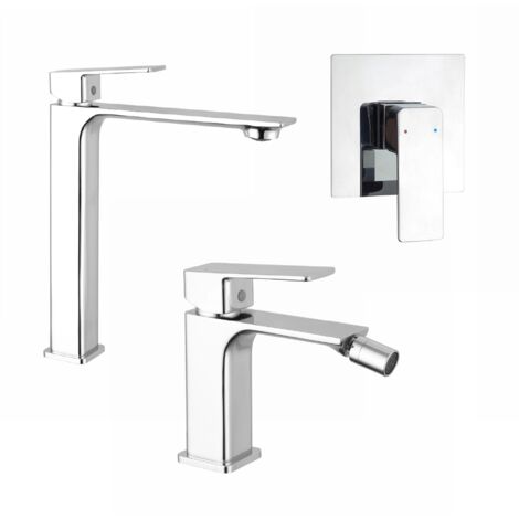 Set Miscelatori con Lavabo Alto, Bidet senza Scarico e Incasso Doccia monocomando in Ottone Cromato Mod. Ingrid (1/4)