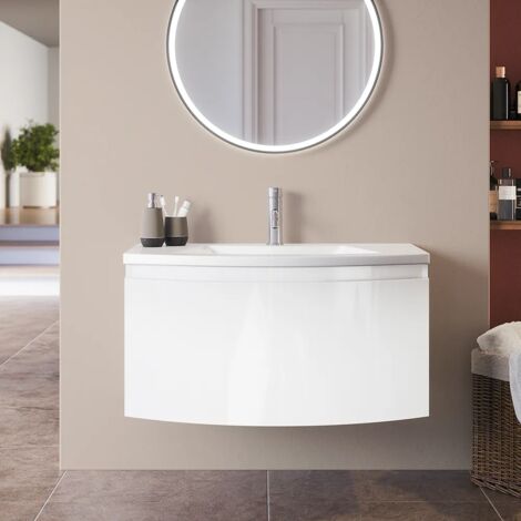 Mobile da Bagno Sospeso 100 cm Bianco Lucido con un Cassetto e Lavabo Incluso in Ceramica e Frontale Curvo Mod. Lula