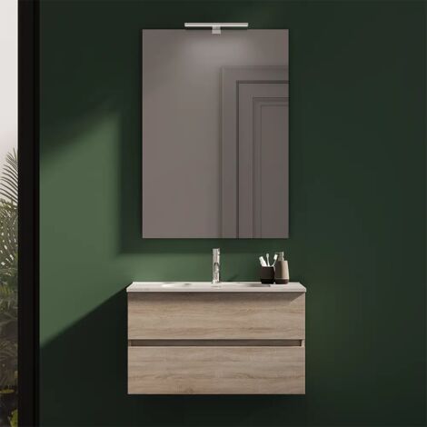 Mobile da Bagno Sospeso 70 cm Due Ante Rovere Chiaro Lavabo e Specchio Inclusi Mod. Yili (1/4)