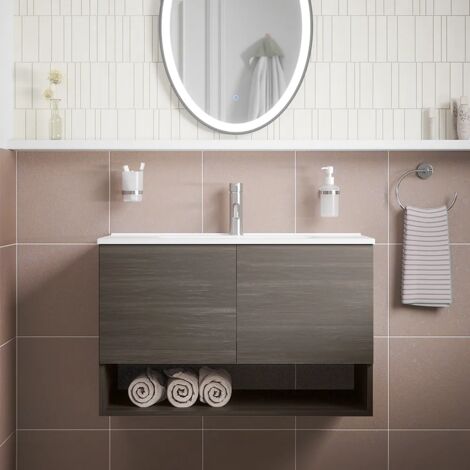 Mobile da Bagno Sospeso 80cm Rovere Scuro con Due Ante, Vano a Giorno e Lavabo Incluso Incluso Mod. Sauris