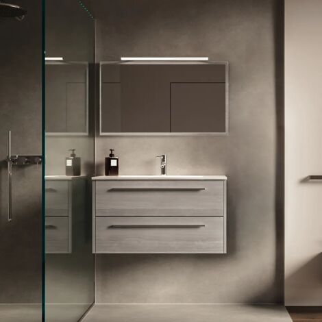 Mobile da Bagno Sospeso 90cm Rovere Cenere due Cassetti soft-close con Lavabo Incluso e Specchio Inclusi Mod. Aoki (1/2)